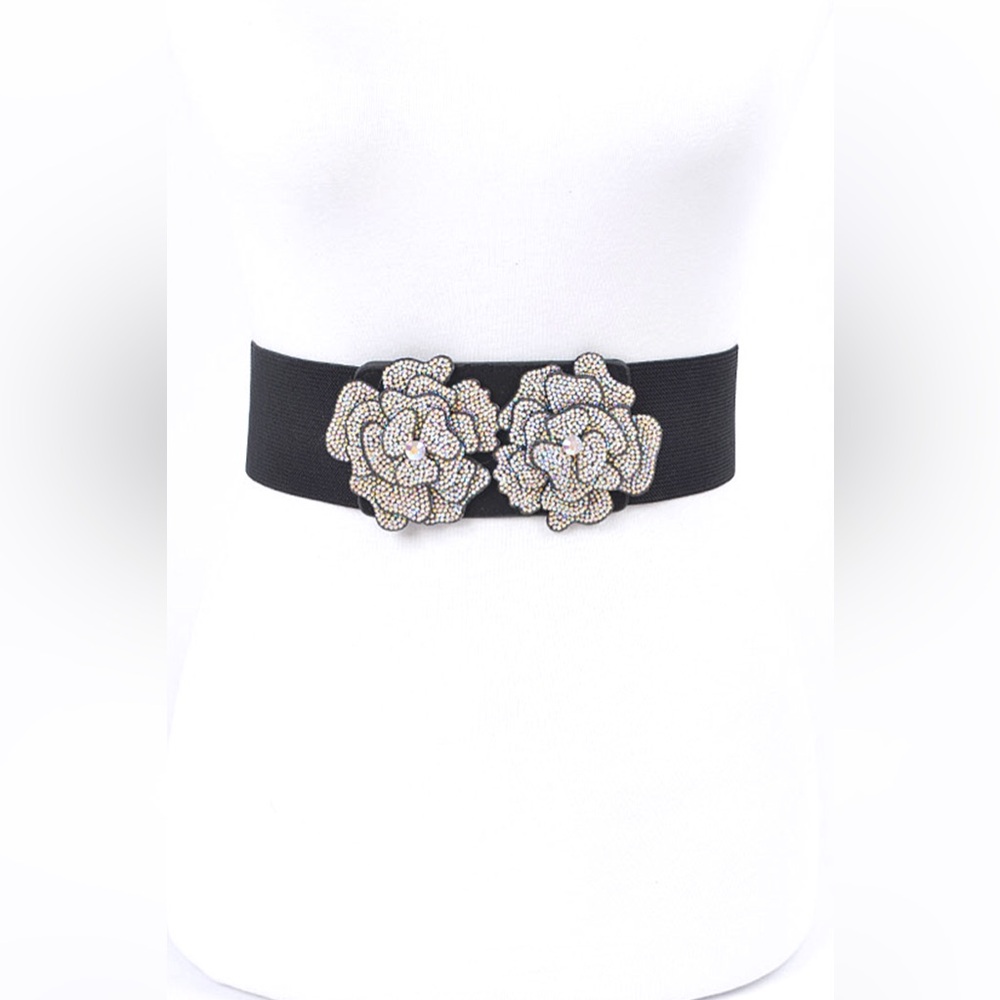 Black Wide Waist Statement Belt with Silver Rhinestone Flowers